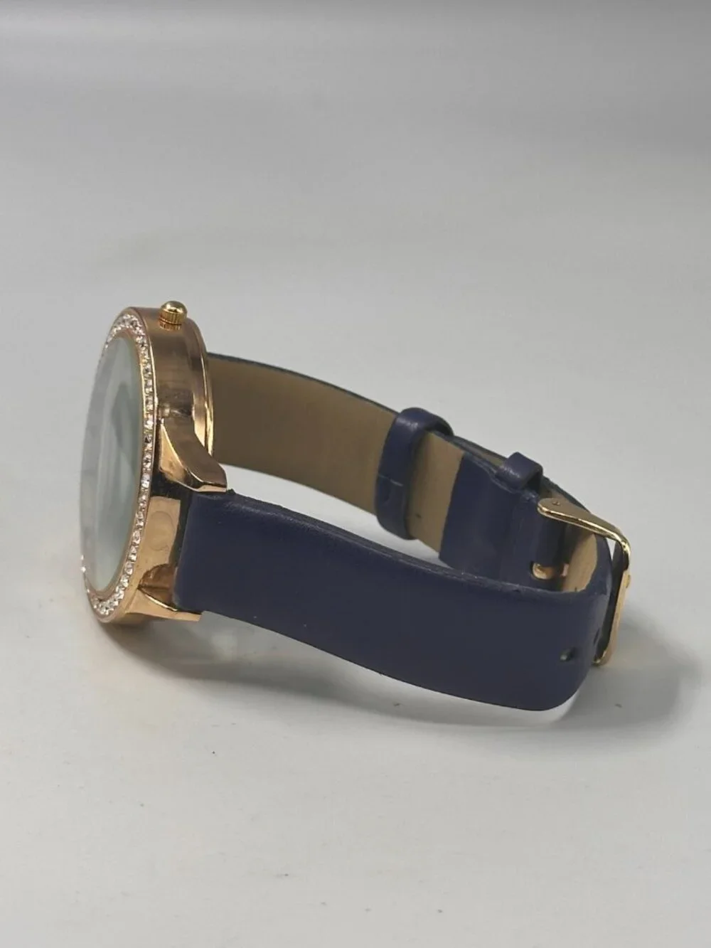 3/$30 Ashley Princess Watch Women Gold Tone Blue Navy Faux Leather Band 9